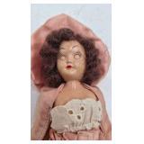 Vintage Miniature Doll – Peach Satin Dress with Oversized Bonnet