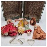 Vintage Small Dolls in Green Travel Trunk – Mesh Interior and Hinged Lid