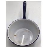 Vintage White Enamel Saucepan with Blue Rim