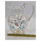Vintage Glass Pitcher – Hand-Painted Heron and Foliage Design