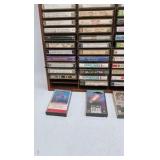 Vintage Cassette Tape Collection in Wooden Wall Rack – 1970s-1980s Rock Pop Mix
