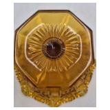 Amber Depression Glass Compote – Intricate Geometric Cut Bowl