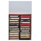 Vintage Cassette Tape Collection in Wooden Wall Rack – 1970s-1980s Rock Pop Mix