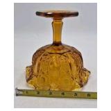 Amber Depression Glass Compote – Intricate Geometric Cut Bowl