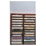 Vintage Cassette Tape Collection in Wooden Wall Rack – 1970s-1980s Rock Pop Mix