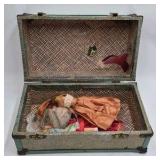 Vintage Small Dolls in Green Travel Trunk – Mesh Interior and Hinged Lid