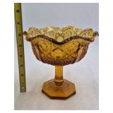 Amber Depression Glass Compote – Intricate Geometric Cut Bowl