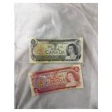Canadian One and Two Dollar Banknotes