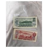 Canadian One and Two Dollar Banknotes