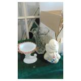 Block Crystal Cake Plate, Fenton Vase, Head Vase and Glass Vase