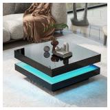 Harper & Bright Designs Minimalist Design 31.5 in. Black Square Wood High Gloss Coffee Table with 16-Color LED Lights