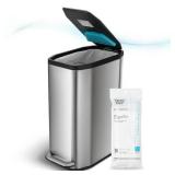 Home Zone Living 13 Gallon Slim Stainless Steel Kitchen Trash Can with CleanAura Odor Control and Soft Close Lid, Silver