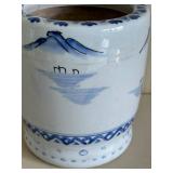Meiji Period-Hand Painted Japanese Porcelain Blue & White Hibachi Planter Mountain Scene