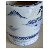 Meiji Period-Hand Painted Japanese Porcelain Blue & White Hibachi Planter Mountain Scene