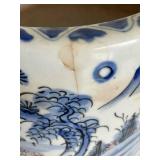 Meiji Period-Hand Painted Japanese Porcelain Blue & White Hibachi Planter Mountain Scene