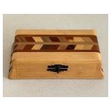 Wooden Parquetry Jewelry Box with Inlaid Multicolor Wood Lid & Black Latch Lock