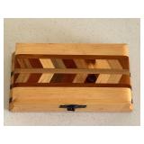 Wooden Parquetry Jewelry Box with Inlaid Multicolor Wood Lid & Black Latch Lock