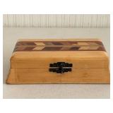 Wooden Parquetry Jewelry Box with Inlaid Multicolor Wood Lid & Black Latch Lock