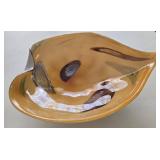 Murano Glass Dish or Bowl - Leaf-Shaped Peach Amber with Painted Swirls