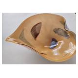 Murano Glass Dish or Bowl - Leaf-Shaped Peach Amber with Painted Swirls