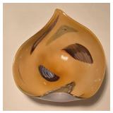 Murano Glass Dish or Bowl - Leaf-Shaped Peach Amber with Painted Swirls