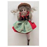 Antique Bisque Miniature Doll - Red & Green Dress & Straw Hat
