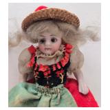 Antique Bisque Miniature Doll - Red & Green Dress & Straw Hat