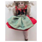 Antique Bisque Miniature Doll - Red & Green Dress & Straw Hat