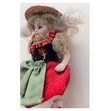 Antique Bisque Miniature Doll - Red & Green Dress & Straw Hat