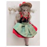 Antique Bisque Miniature Doll - Red & Green Dress & Straw Hat
