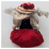 Antique Bisque Miniature Doll - Red & Green Dress & Straw Hat