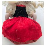 Antique Bisque Miniature Doll - Red & Green Dress & Straw Hat