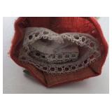 Antique Bisque Miniature Doll - Red & Green Dress & Straw Hat