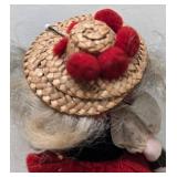 Antique Bisque Miniature Doll - Red & Green Dress & Straw Hat