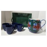 Dept. 56 Tartan Plaid Pitcher & Corelle Blue Mugs (4) & Green Ceramic Tray