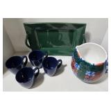 Dept. 56 Tartan Plaid Pitcher & Corelle Blue Mugs (4) & Green Ceramic Tray