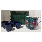Dept. 56 Tartan Plaid Pitcher & Corelle Blue Mugs (4) & Green Ceramic Tray