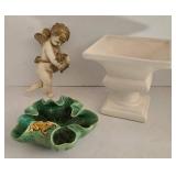 Haeger Planter & Majolica Frog on Lily Pad & Chalkware Cherub