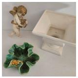 Haeger Planter & Majolica Frog on Lily Pad & Chalkware Cherub