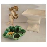 Haeger Planter & Majolica Frog on Lily Pad & Chalkware Cherub