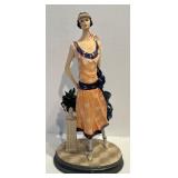 Porcelain Figurine - Tall Art Deco Woman in Orange Dress & Blue Sash with Striped Hat