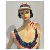 Porcelain Figurine - Tall Art Deco Woman in Orange Dress & Blue Sash with Striped Hat