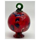 Vintage Hand-Blown Glass Witches Ball - Red Swirl with Green Loop Top