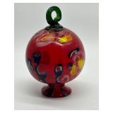 Vintage Hand-Blown Glass Witches Ball - Red Swirl with Green Loop Top