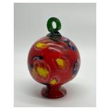 Vintage Hand-Blown Glass Witches Ball - Red Swirl with Green Loop Top
