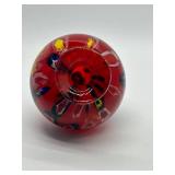 Vintage Hand-Blown Glass Witches Ball - Red Swirl with Green Loop Top