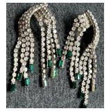 Stunning Les Bernard Rhinestones & Emerald Glass Chandelier Drop Earrings