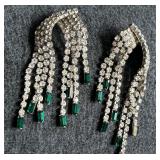 Stunning Les Bernard Rhinestones & Emerald Glass Chandelier Drop Earrings