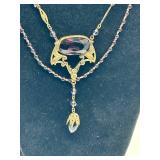 Art Deco Czech Glass Necklace - Purple Red Large Center Stone Pendant, 24 in Length