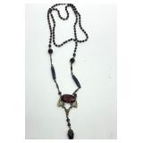 Art Deco Czech Glass Necklace - Purple Red Large Center Stone Pendant, 24 in Length